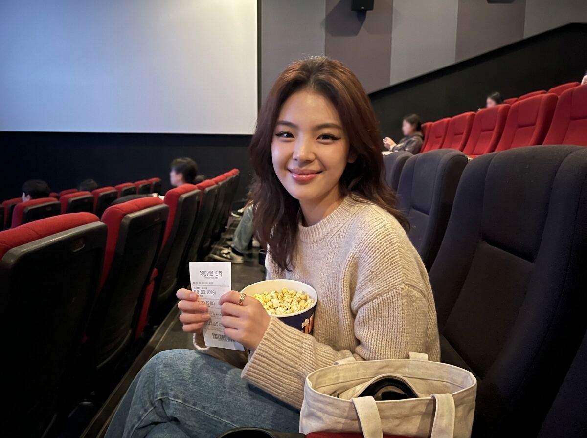 영화관에서 티켓과 팝콘을 들고 있는 모습